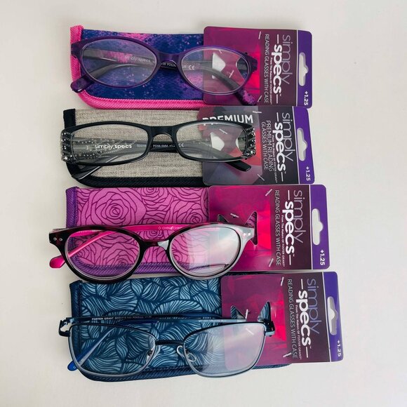 RG0363 Lot of 4 Simply Specs Foster Grant Unisex Reading Glasses With Case +1.25 - Picture 1 of 9